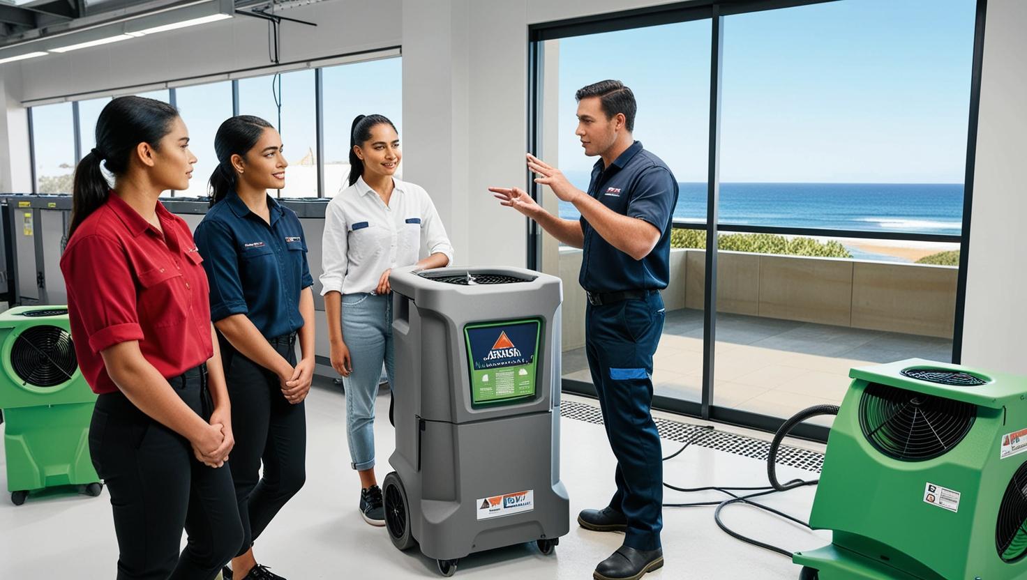 Technician explaining the use of commercial dehumidifiers to a group of attentive trainees in a bright room Technician explaining the use of commercial dehumidifiers to a group of attentive trainees in a bright room